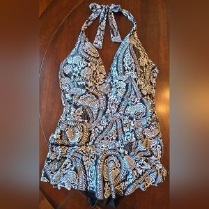 Rose Marie Reid – Black & White Paisley Skirted Halter Swimsuit - Size L NWT